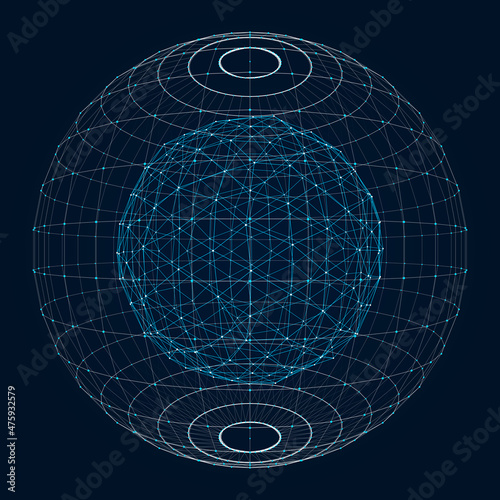 Abstract 3D sphere of particles and lines. Ball or globe of points. Futuristic digital technology. Network or connection. Illustration of sphere. Vector