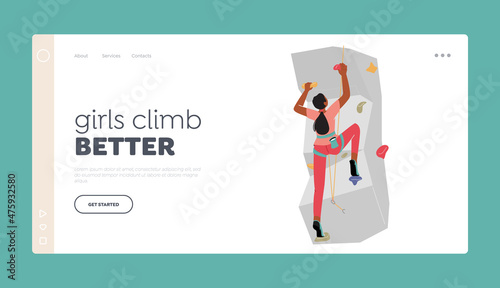 Woman Climb Up Landing Page Template. Female Character Rock Climber Climbing Wall with Grips, Sportive Girl with Ropes