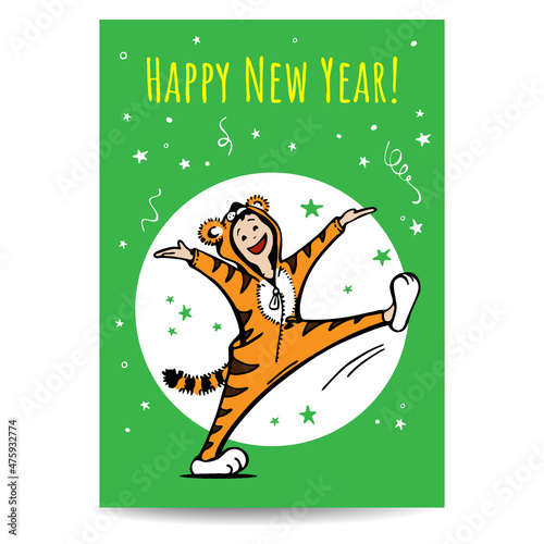 Postcard happy new year boy goes in a tiger costume to a party with confetti stars