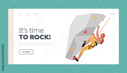 Girl Strength, Motivation, Challenge Landing Page Template. Female Mountain Climber Extreme Sport, Active Lifestyle
