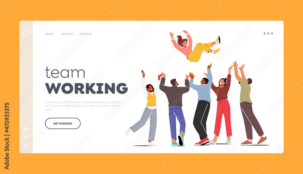 Team Working Landing Page Template. Happy People Toss Up Person Celebrating Success, Group of Positive Friends Team Working Landing Page Template. Happy People Toss Up Person Celebrating Success, Group of Positive Friends