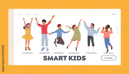Smart Kids Landing Page Template. Happy Toddlers Stand in Row Dancing and Jumping. Little Children Rejoice on Vacation