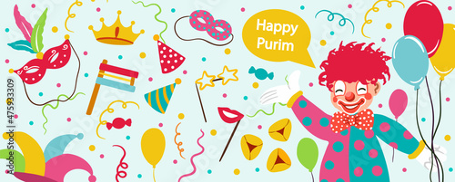 Banner for Jewish holiday Purim with masks and traditional props. Happy Purim wish, congratulations. Vector illustration