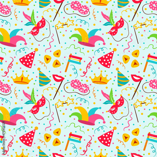Happy Purim Jewish festival endless background. seamless pattern set with carnival elements