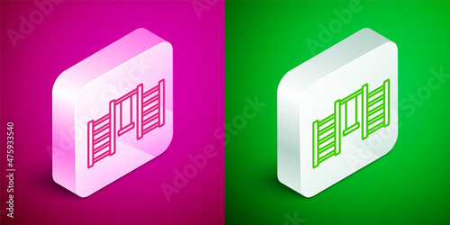 Isometric line Wooden Swedish wall icon isolated on pink and green background. Swedish stairs. Silver square button. Vector