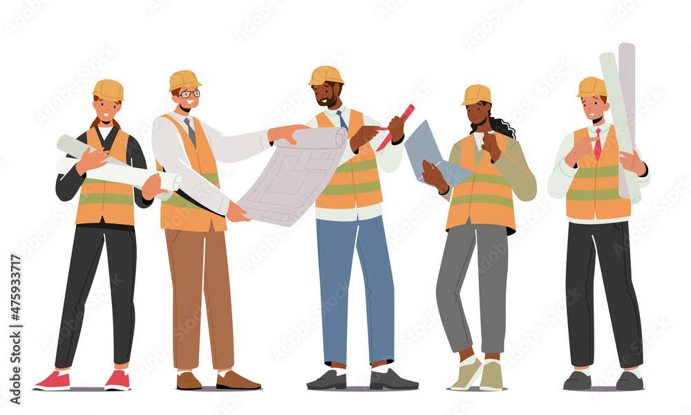 Builders, Workers Construction Engineers or Foreman Characters in Helmets with Tools and Blueprints. Architects