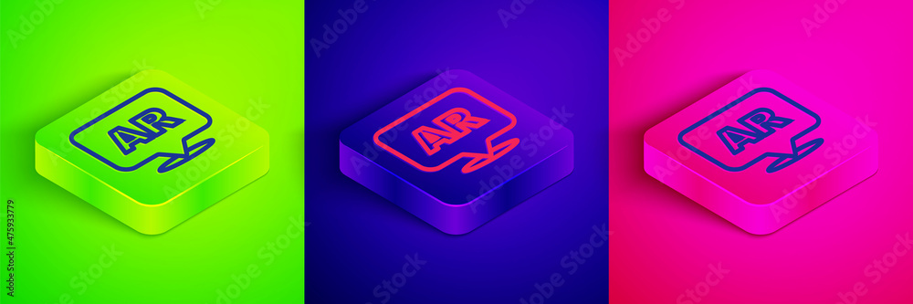 Isometric line Augmented reality AR icon isolated on green, blue and pink background. Virtual futuristic wearable devices. Square button. Vector Isometric line Augmented reality AR icon isolated on green, blue and pink background. Virtual futuristic wearable devices. Square button. Vector