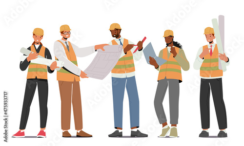 Builders, Workers Construction Engineers or Foreman Characters in Helmets with Tools and Blueprints. Architects