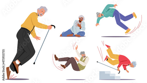 Set of Senior Male and Female Character Falling Down on the Ground due to Slippery Road, Clumsiness or Health Problem