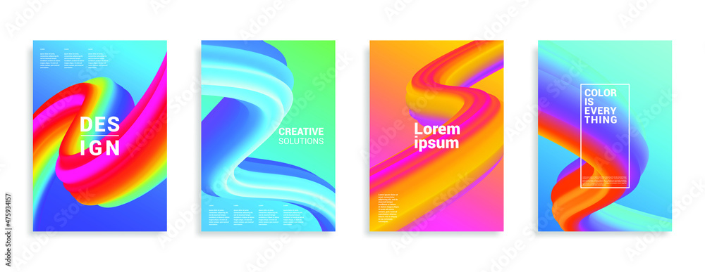 Colorful Abstract fluid wave set. Modern poster with gradient 3d flow shape. Innovation background design for cover.