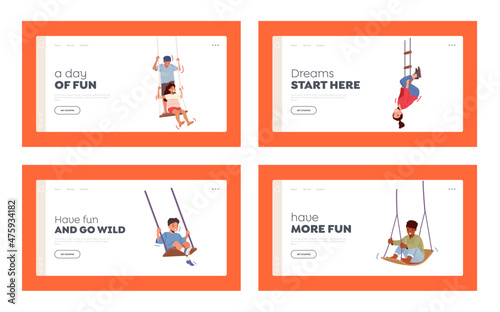 Happy Boys and Girls Swing Landing Page Template Set. Little Children Characters Sit on Rope Teeterboard on Playground