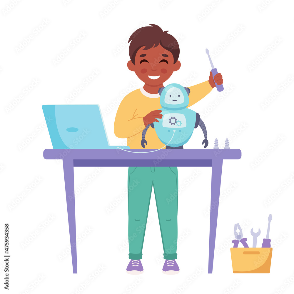 Little boy creating a robot. Robotics, programming and engineering for kids. Vector illustration Little boy creating a robot. Robotics, programming and engineering for kids. Vector illustration