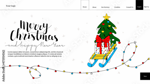 Vector template, home page layout, website landing page. The button, lettering Merry Christmas and happy New Year, a Christmas tree with toys, balloons, a gift box on sled are depicted. © Viktoria