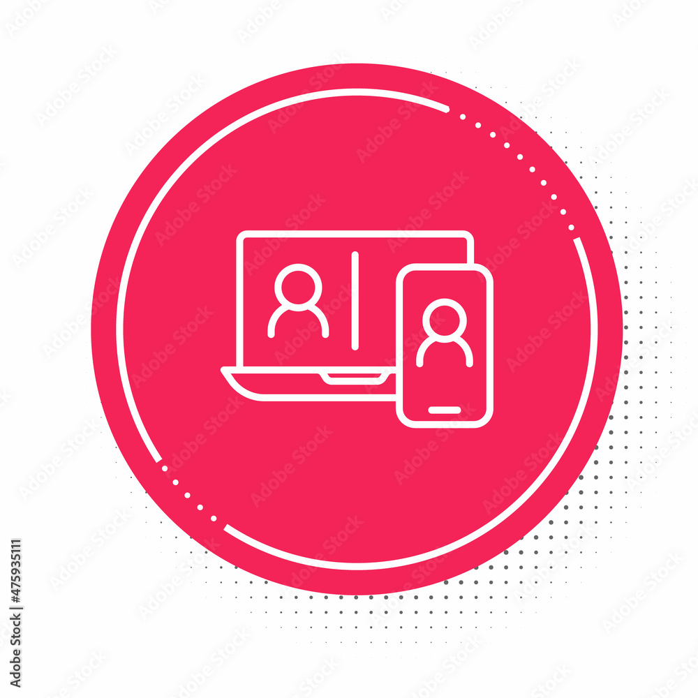 White line Video chat conference icon isolated on white background. Online meeting work form home. Remote project management. Red circle button. Vector White line Video chat conference icon isolated on white background. Online meeting work form home. Remote project management. Red circle button. Vector