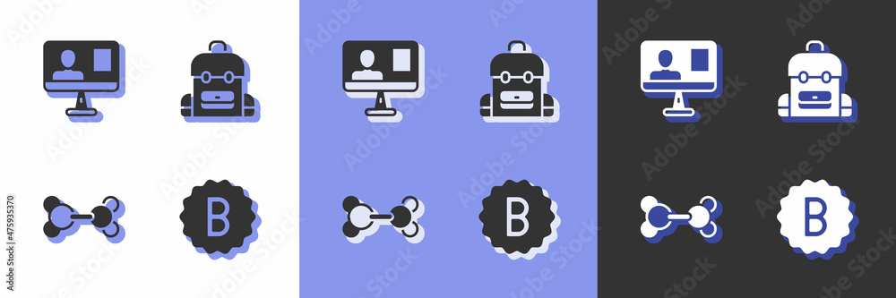 Fototapeta premium Set Exam paper with incorrect answers, Online class, Molecule and School backpack icon. Vector