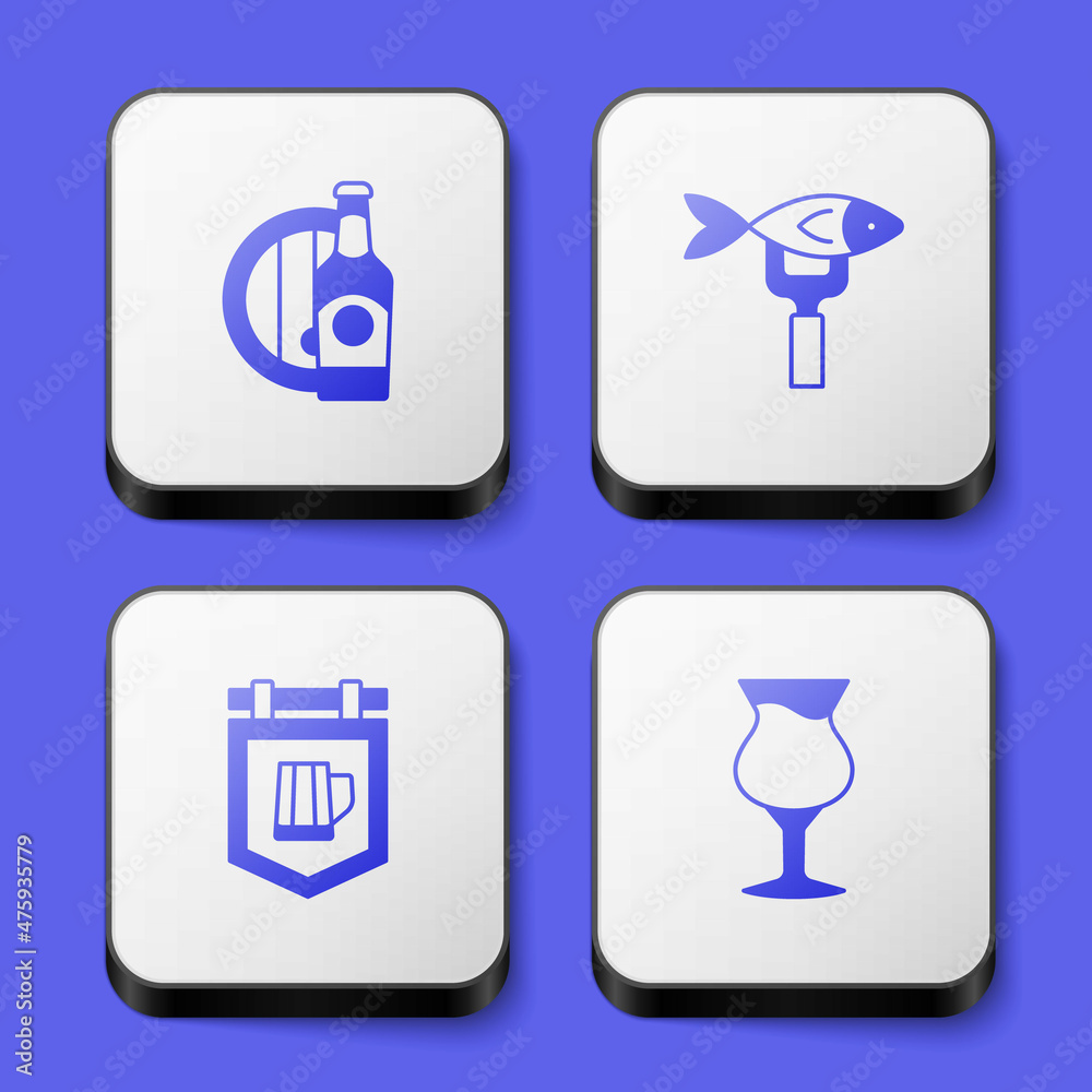 Set Beer bottle and wooden barrel, Dried fish, Street signboard with beer and Glass of icon. White square button. Vector Set Beer bottle and wooden barrel, Dried fish, Street signboard with beer and Glass of icon. White square button. Vector