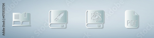 Set Open book, Book about weapon, physics and PDF file document. Paper art style. Vector