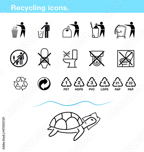 Set of icons for garbage, wipes, tissue and recycling. Ideal for use in design, packaging, etc. Ready for use in your design. EPS 10.	