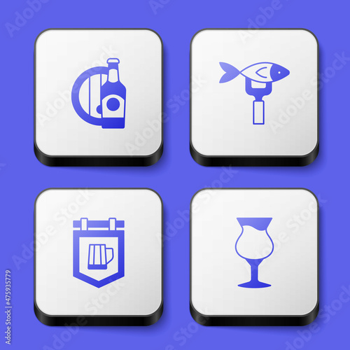 Set Beer bottle and wooden barrel, Dried fish, Street signboard with beer and Glass of icon. White square button. Vector