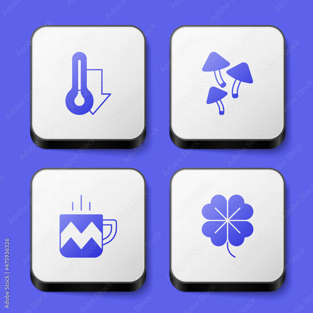 Set Thermometer, Mushroom, Cup of tea and Four leaf clover icon. White square button. Vector Set Thermometer, Mushroom, Cup of tea and Four leaf clover icon. White square button. Vector