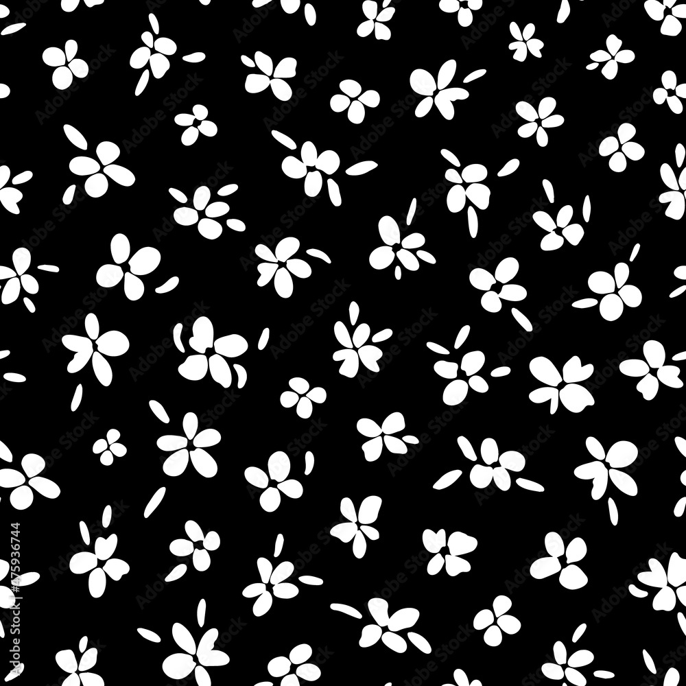 Little ditsy daisy seamless repeat pattern. Random placed, vector hand drawn flowers with leaves all over surface print in black and white.