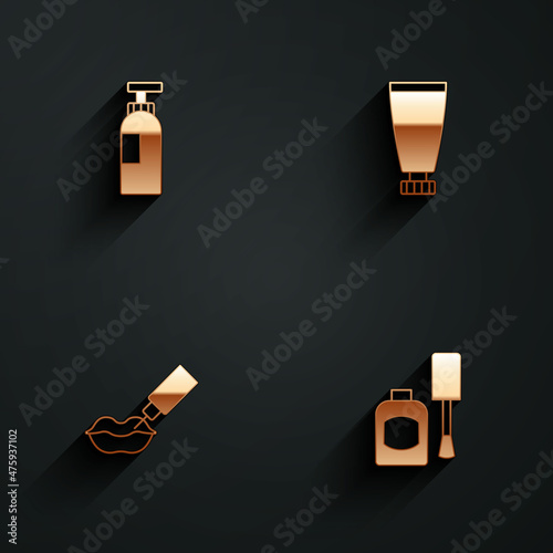 Set Bottle of shampoo, Cream or lotion cosmetic tube, Lip augmentation and nail polish icon with long shadow. Vector