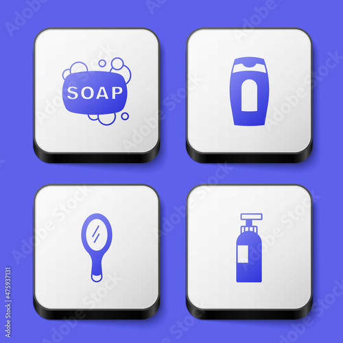 Set Bar of soap, Bottle shampoo, Hand mirror and icon. White square button. Vector