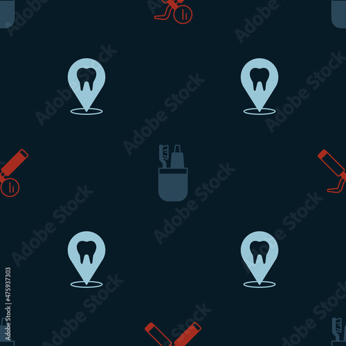 Set Dental mirror and probe, Toothbrush toothpaste and clinic location on seamless pattern. Vector