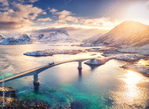 Aerial view of bridge, sea ...
