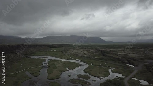 Marsh in Iceland with mountains behind
