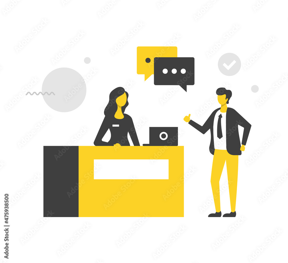 Reception. Flat vector illustration. Woman receptionist at the front desk with laptop and man