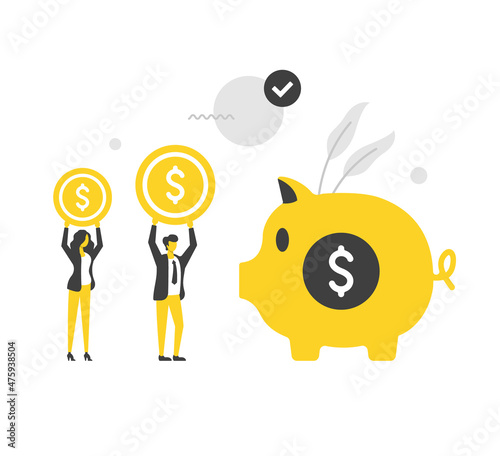 Savings. Flat vector illustration. People holding gold coins and piggy bank. Investment, retirement fund, deposit money, budget, business idea. Modern concepts. Flat design