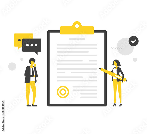 Signing contract. Flat vector illustration. Business people, clipboard and document with stamp. Man and woman with pen ready to sign a document. Modern concepts. Flat design