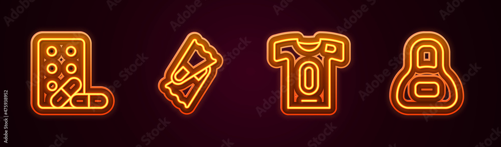 Set line Sports doping with dumbbell, Flippers for swimming, Football jersey and t-shirt and Weight. Glowing neon icon. Vector Set line Sports doping with dumbbell, Flippers for swimming, Football jersey and t-shirt and Weight. Glowing neon icon. Vector