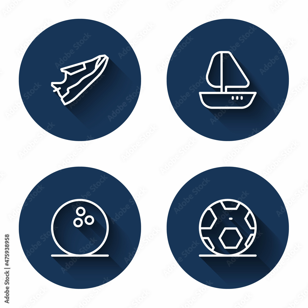 Set line Fitness sneakers shoes, Yacht sailboat, Bowling ball and Soccer football with long shadow. Blue circle button. Vector