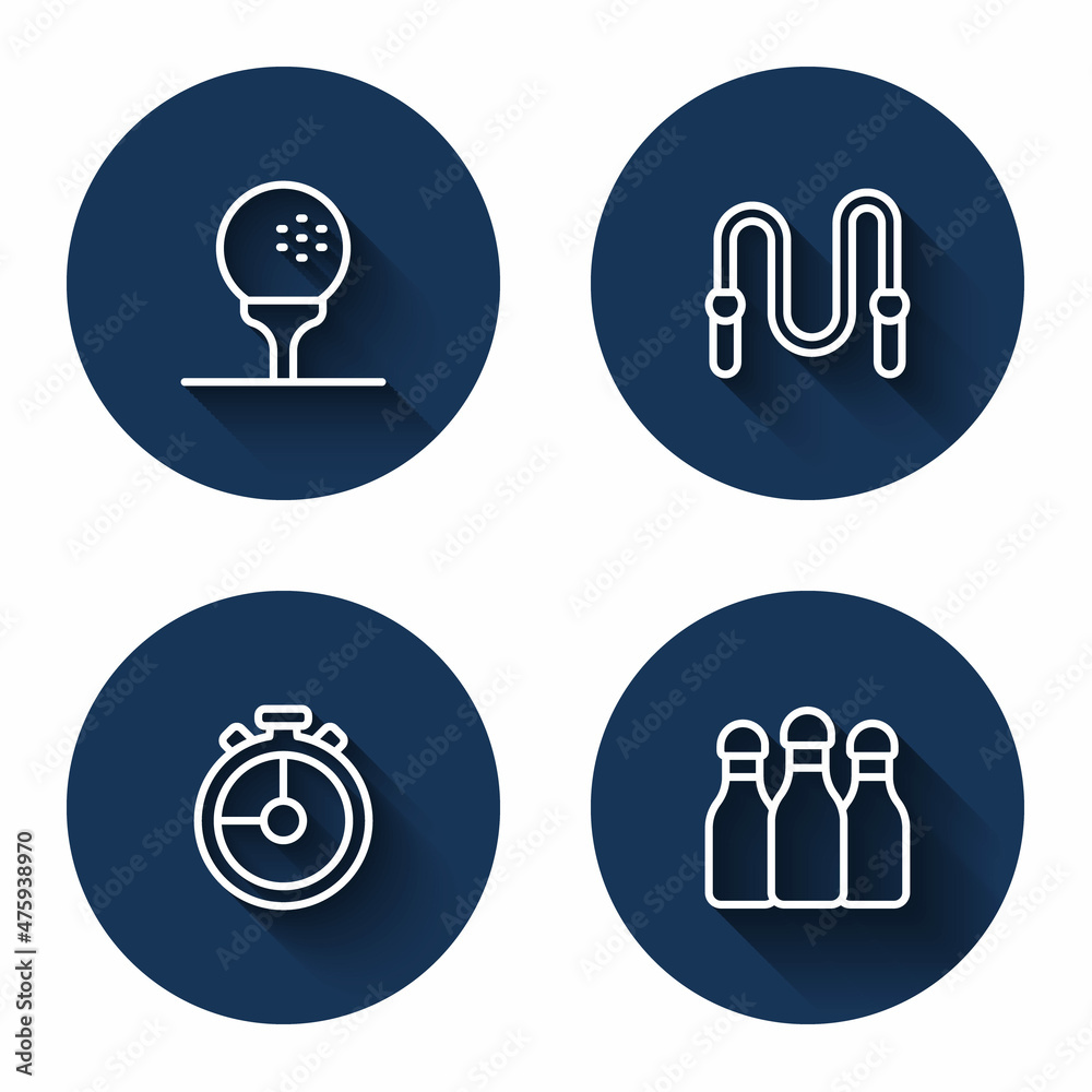 Set line Golf ball on tee, Jump rope, Stopwatch and Bowling pin with long shadow. Blue circle button. Vector