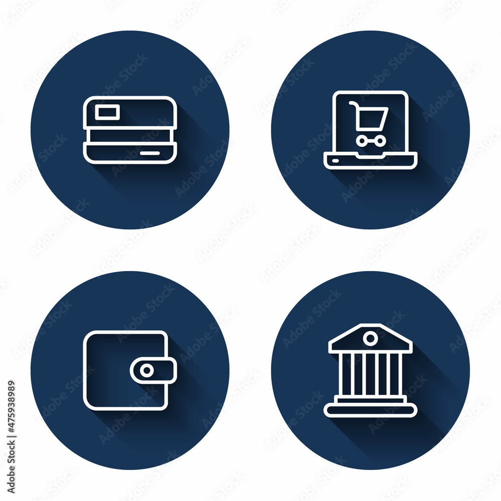 Set line Credit card, Shopping cart on screen laptop, Wallet and Bank building with long shadow. Blue circle button. Vector Set line Credit card, Shopping cart on screen laptop, Wallet and Bank building with long shadow. Blue circle button. Vector