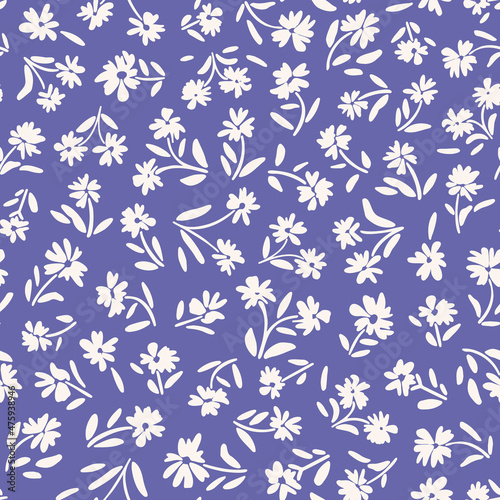 Flowers with leaves seamless repeat pattern. Random placed, vector millefleurs all over surface print on very peri lilac background.