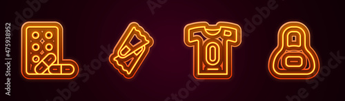 Set line Sports doping with dumbbell, Flippers for swimming, Football jersey and t-shirt and Weight. Glowing neon icon. Vector