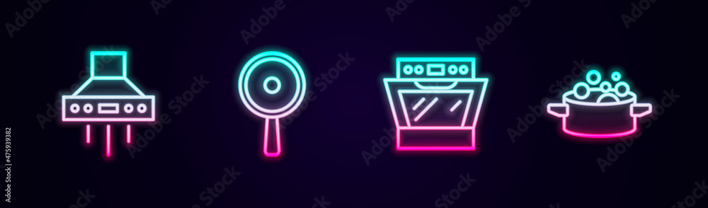 Set line Kitchen extractor fan, Frying pan, Oven and Cooking pot. Glowing neon icon. Vector Set line Kitchen extractor fan, Frying pan, Oven and Cooking pot. Glowing neon icon. Vector
