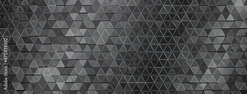 Abstract mosaic background of shiny mirrored triangle tiles in gray and black colors