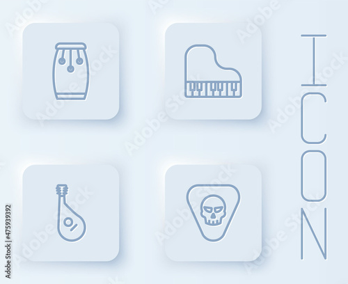 Set line Conga drums, Grand piano, Bandura and Guitar pick. White square button. Vector