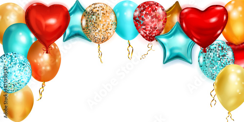 Vector illustration with flying colored helium balloons in various shapes and colors on white background