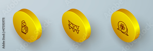 Set Isometric line Glass of beer, Carnival garland with flags and Clover trefoil leaf icon. Vector