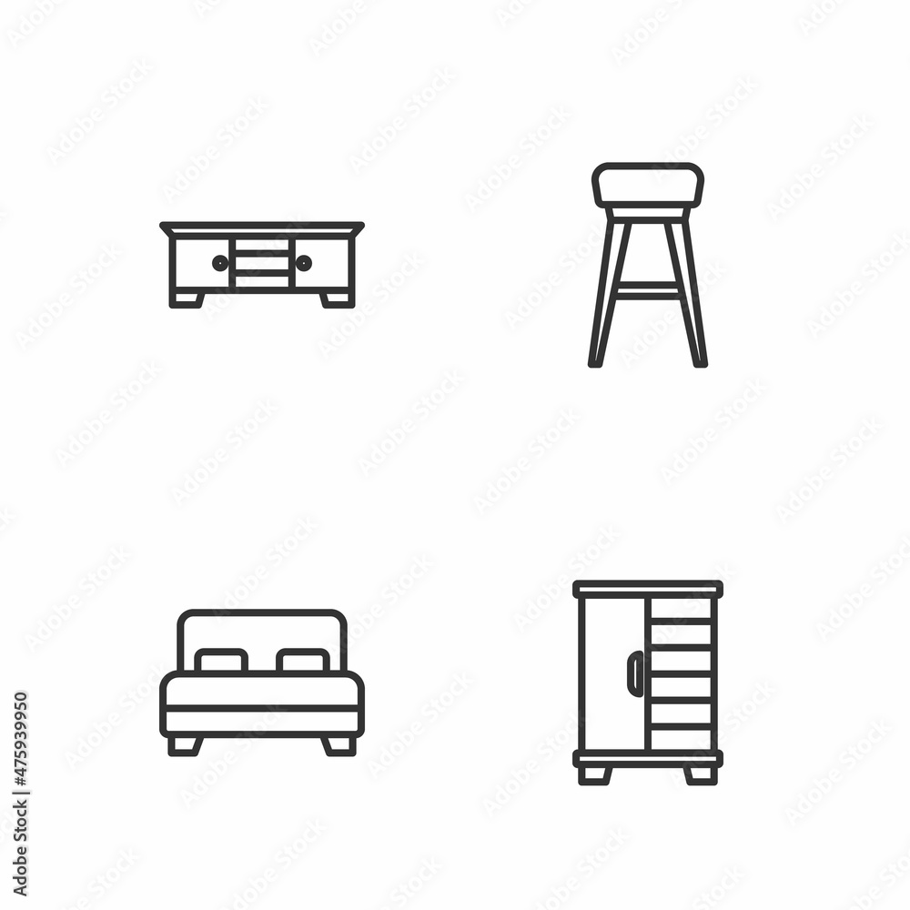 Set line Wardrobe, Big bed, TV table stand and Chair icon. Vector Set line Wardrobe, Big bed, TV table stand and Chair icon. Vector