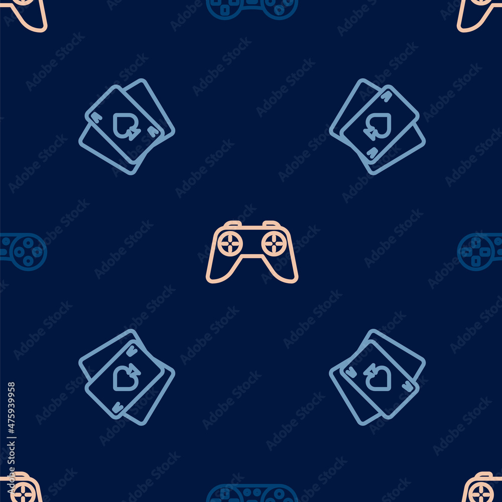 Set line Game controller or joystick, Playing cards and on seamless pattern. Vector Set line Game controller or joystick, Playing cards and on seamless pattern. Vector