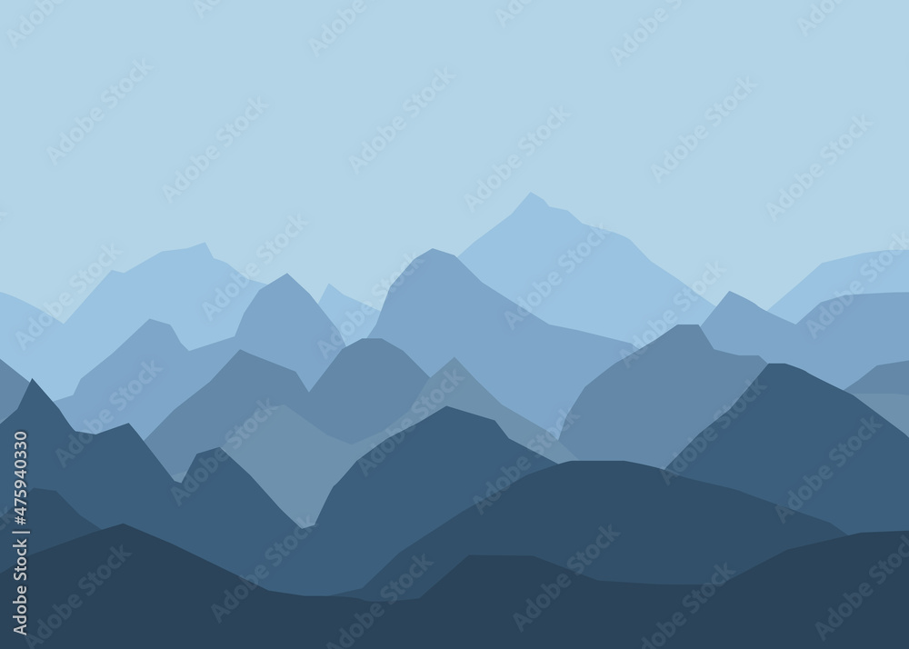 Naklejka premium Landscape with blue misty silhouettes of mountains