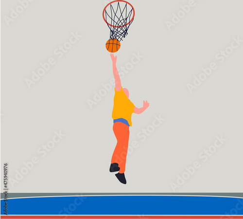 Basketball player jumping high and shooting ball in the hoop. Vector illustration.