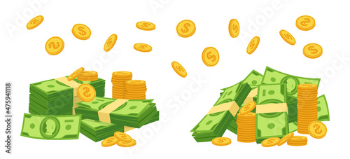 Money cash dollar stack, coin fall cartoon set. Gold coins heap, bank currency. Hundreds paper green dollars bundle bill. Huge packed banknotes, accumulation finance debt. Isolated vector illustration