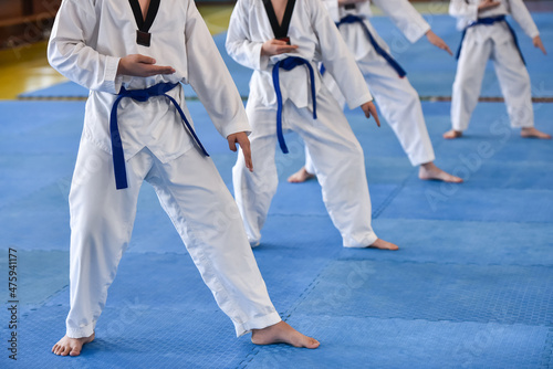 Taekwondo kids. Boys athletes in taekwondo uniforms with blue belts during a taekwondo tournament photo